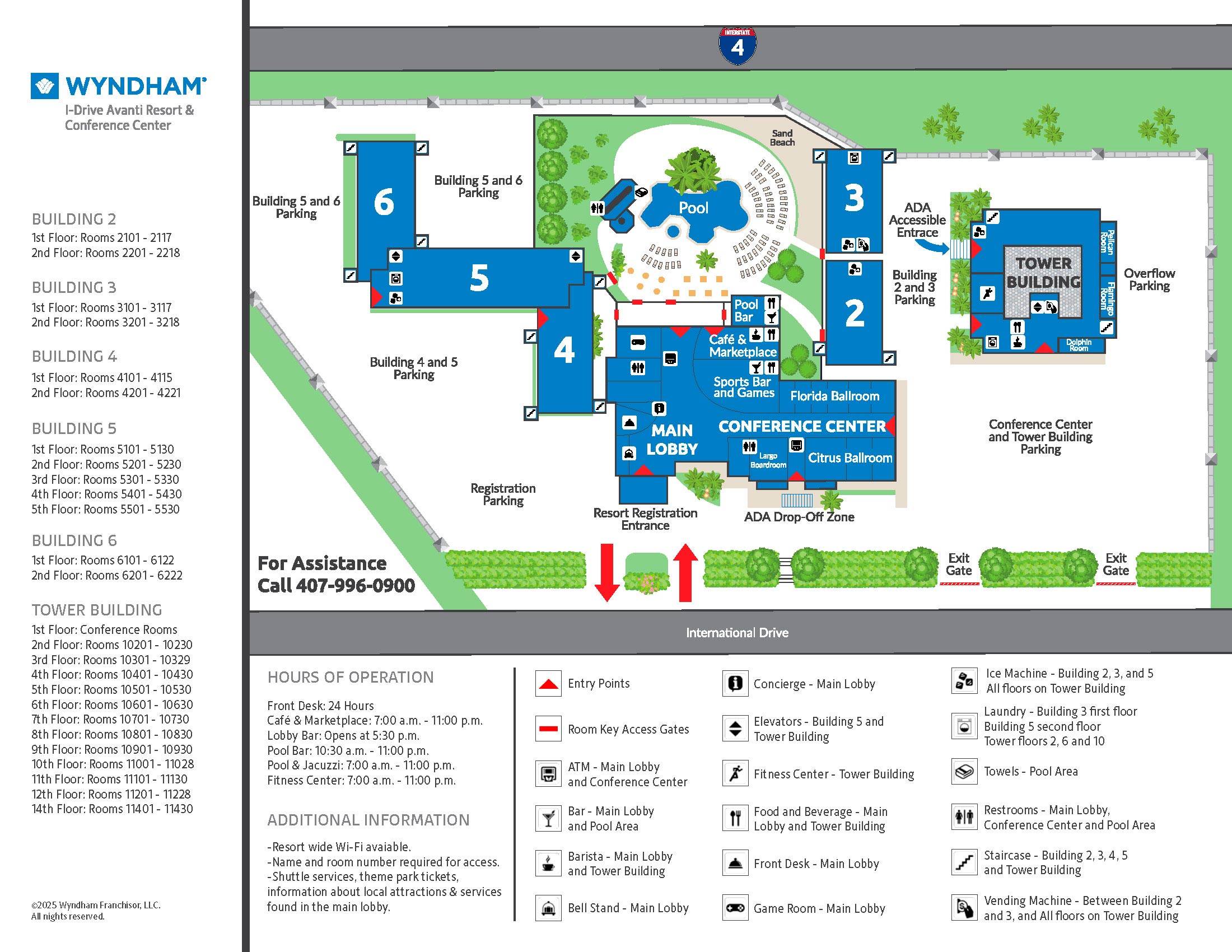 Complex map of Wyndham I-Drive Avanti Resort & Conference Center located on 6515 International Drive, Orlando, Florida 32819. It shows our main lobby, conference center, pool area, on-site dining options and our guestroom buildings. For assistance please call 407-996-0900.