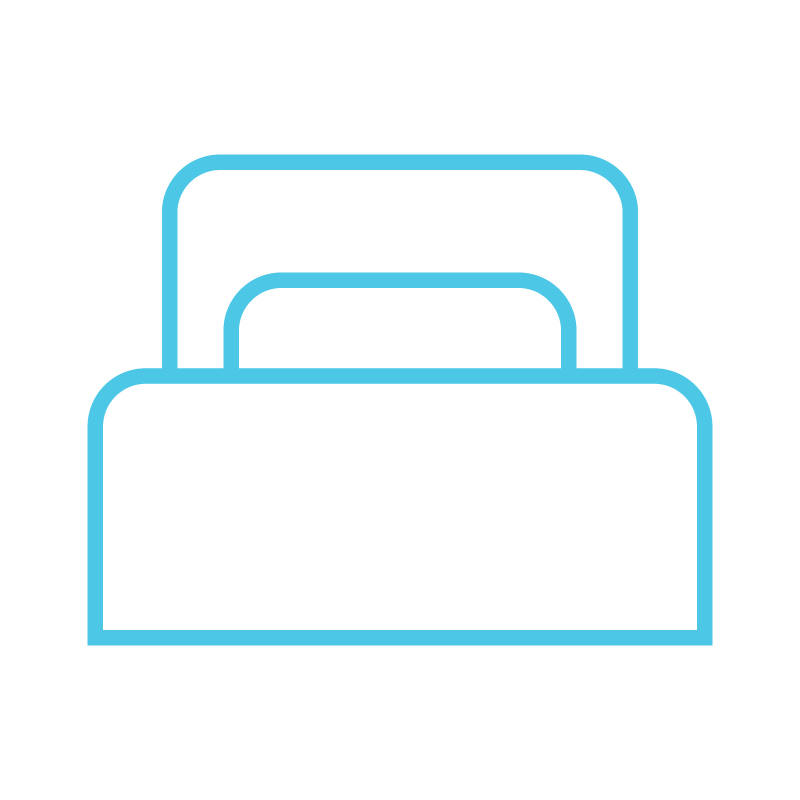 Blue line drawing of a bed