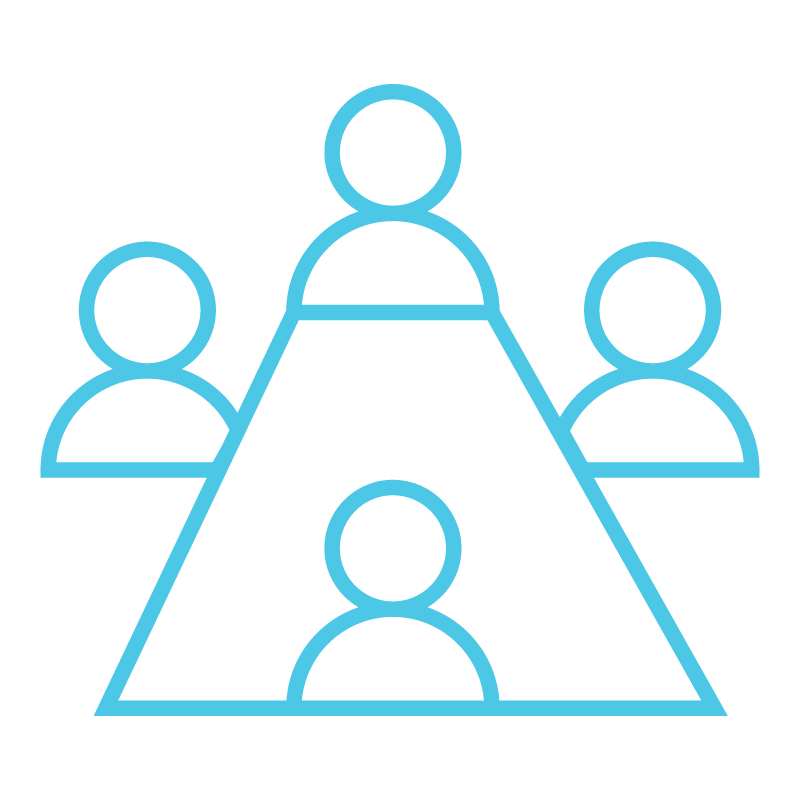 Blue line drawing of people meeting